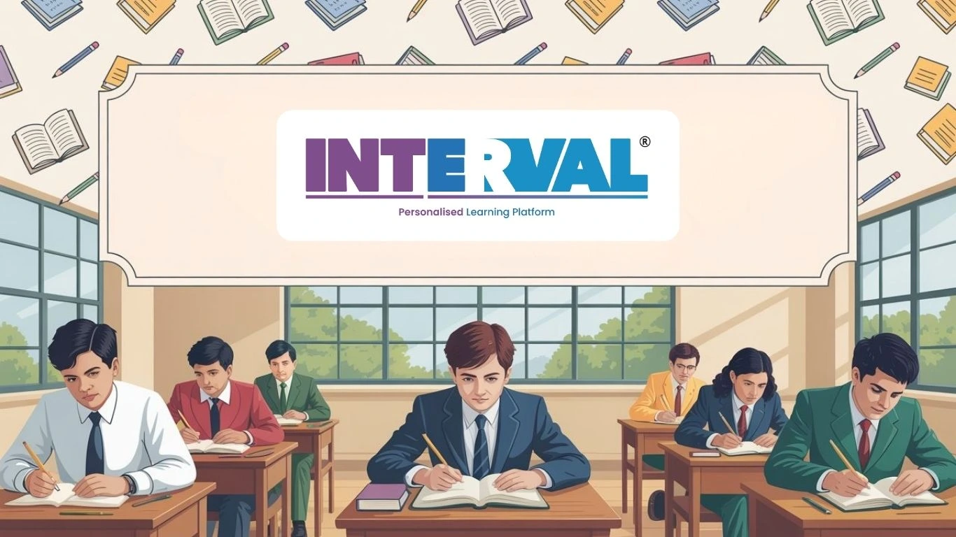 Students writing Tamil Nadu Quarterly Exam for Class 10 to 12 in a classroom, Interval Learning personalized education platform banner above.
